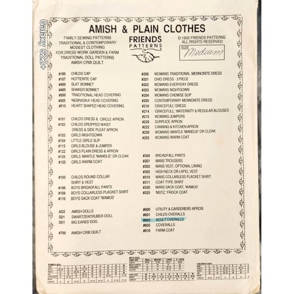1993 Friends Patterns #603 Medium Adult Overalls Sewing Pattern Amish & Plain Cl - Picture 1 of 7